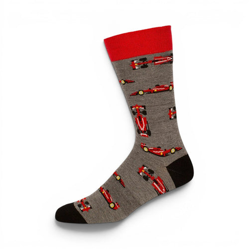 The Happy Shoe Shop Men's grey bamboo socks with red F1 car pattern and red cuff.
