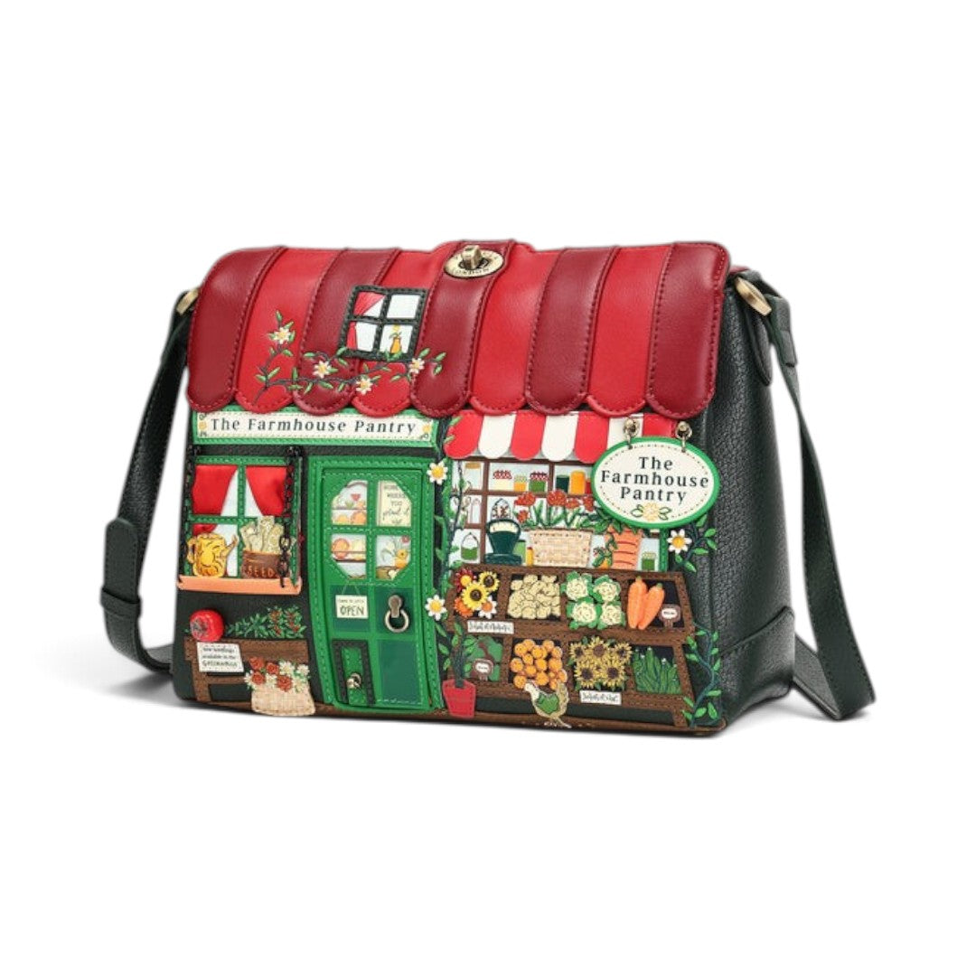 The Happy Shoe Shop Vendula London Farmhouse Pantry Alice bag in vegan leather with colourful shopfront appliqué