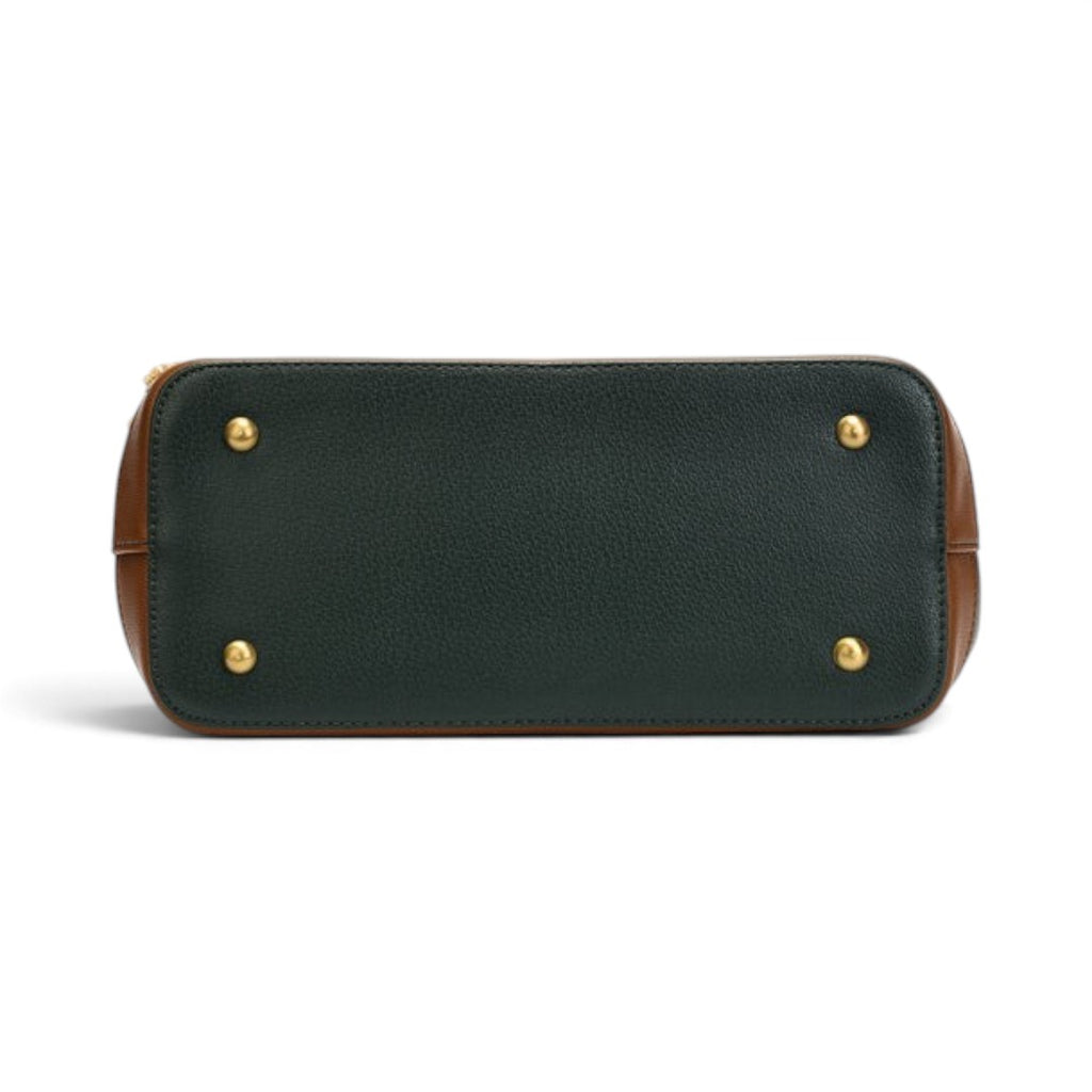 The Happy Shoe Shop Vendula London Farmhouse Pantry Grace Bag showing the dark green vegan leather base with gold studs
