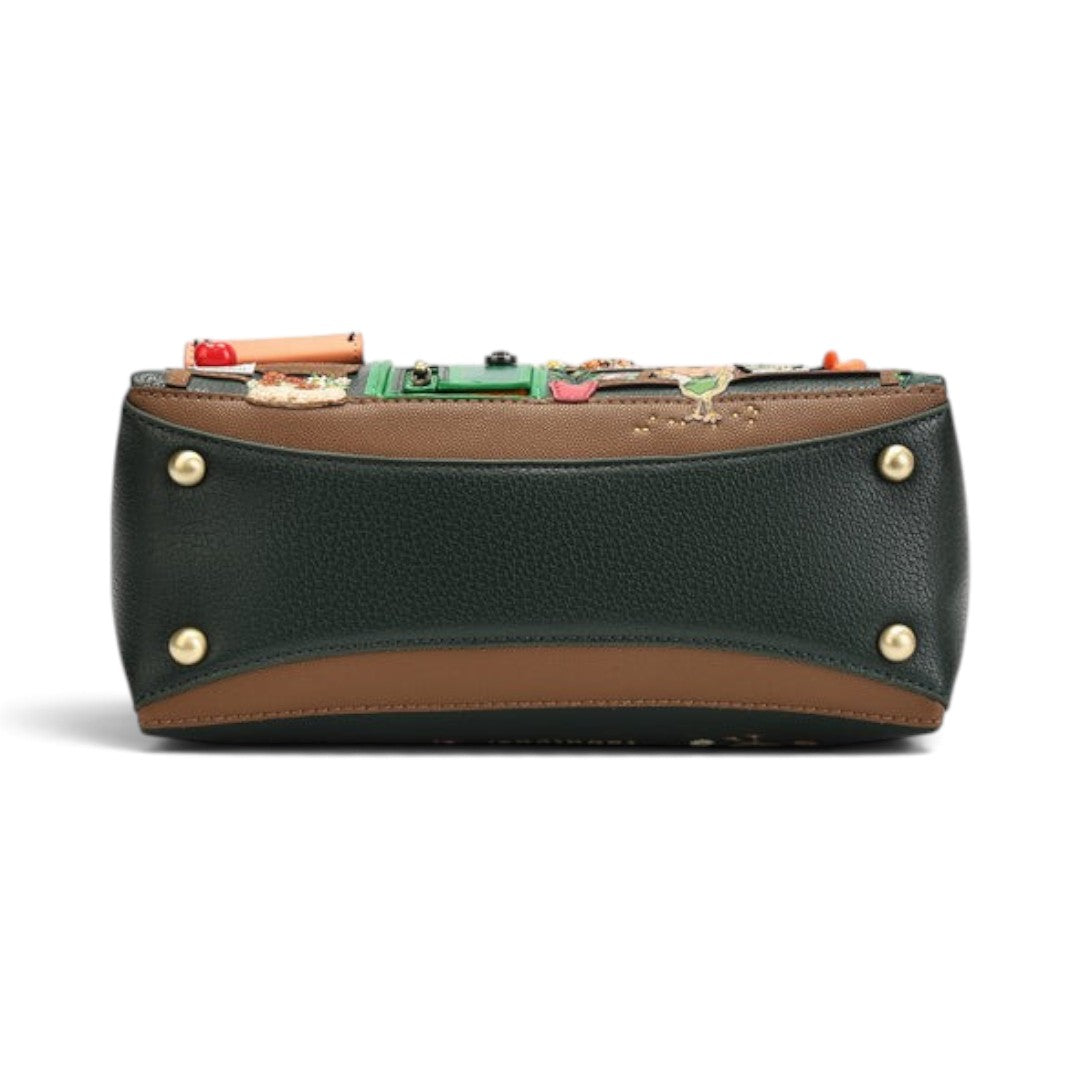 The Happy Shoe Shop Vendula London farmhouse pantry bag base view showing green and brown vegan leather with gold studs