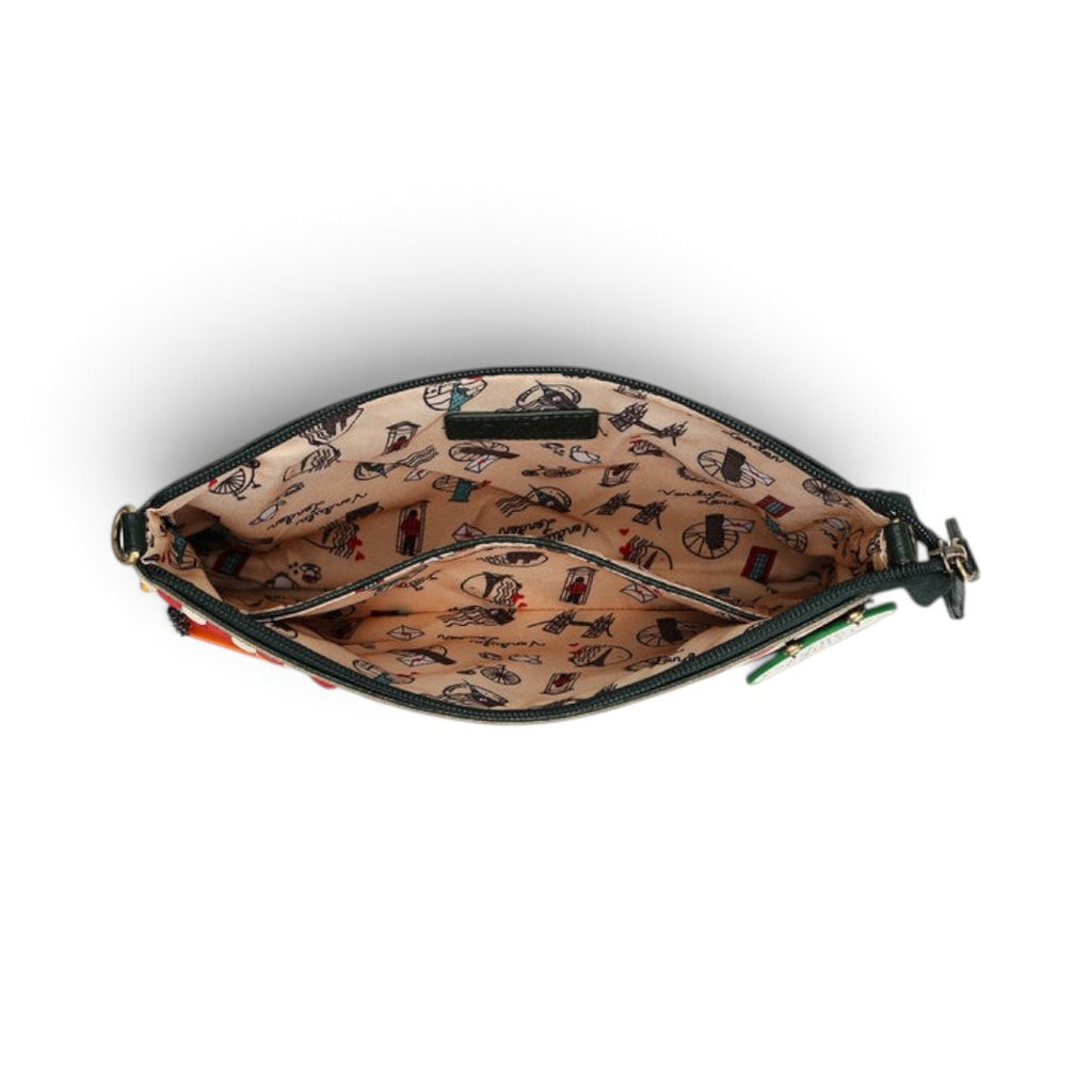 Interior view of The Happy Shoe Shop Vendula London Farmhouse Pantry Kate Bag showing iconic printed fabric lining
