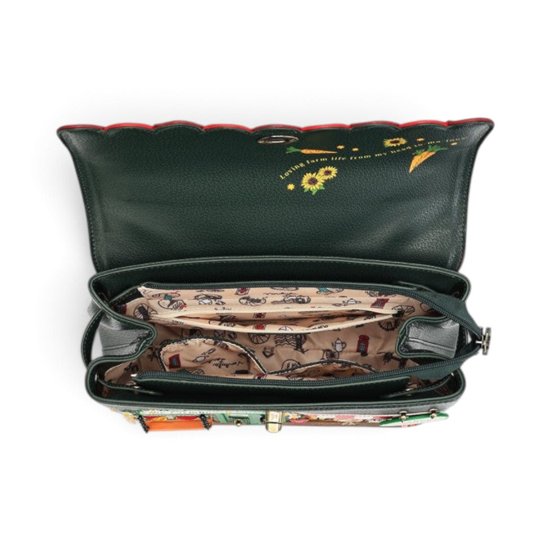 The Happy Shoe Shop Vendula London Farmhouse Pantry Grace Bag interior view with patterned lining and zip pockets