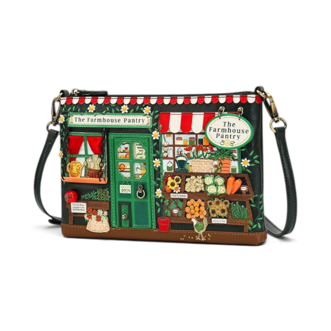 The Happy Shoe Shop Vendula London Farmhouse Pantry Kate bag in vegan leather with detailed shopfront embroidery.