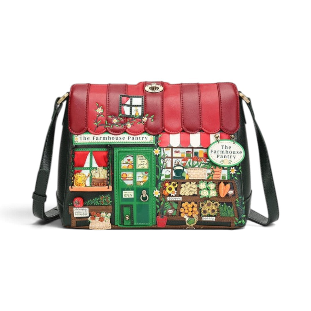 The Happy Shoe Shop Vendula London Farmhouse Pantry Alice bag in vegan leather with detailed shopfront embroidery.