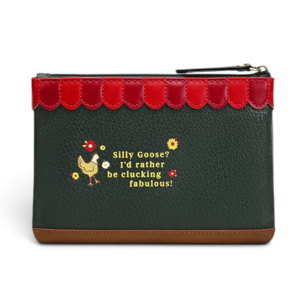 The Happy Shoe Shop Vendula London Farmhouse Pantry coin purse in dark green vegan leather with red scalloped trim.