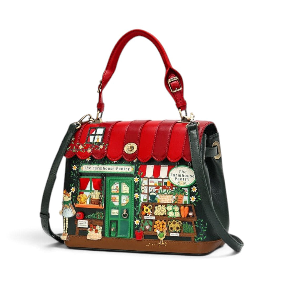 The Happy Shoe Shop Vendula London Farmhouse Pantry Grace Bag in vegan leather with detailed shopfront design.