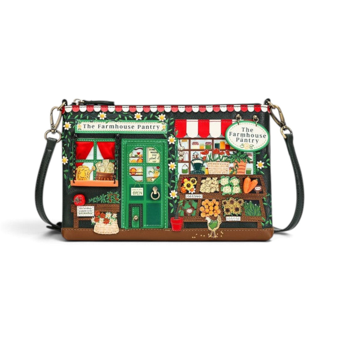 The Happy Shoe Shop Vendula London Farmhouse Pantry Kate bag in vegan leather with detailed shopfront embroidery.