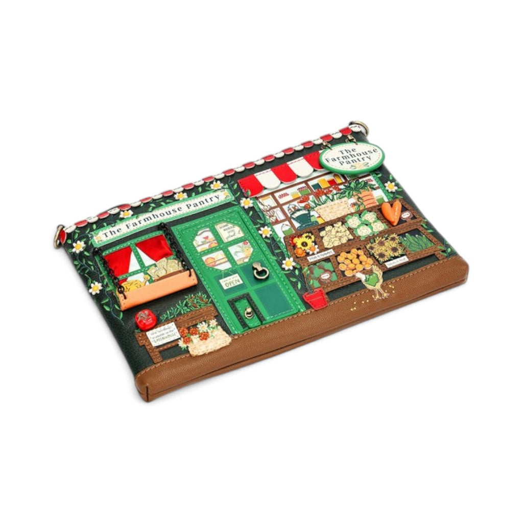 The Happy Shoe Shop Vendula London Farmhouse Pantry vegan leather crossbody bag with detailed shopfront artwork.