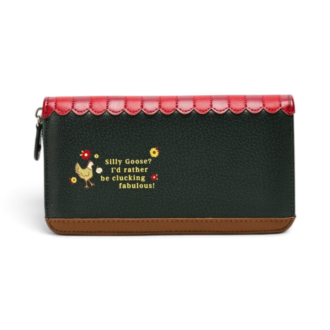The Happy Shoe Shop Vendula London Farmhouse Pantry vegan leather ziparound wallet with chicken and floral design
