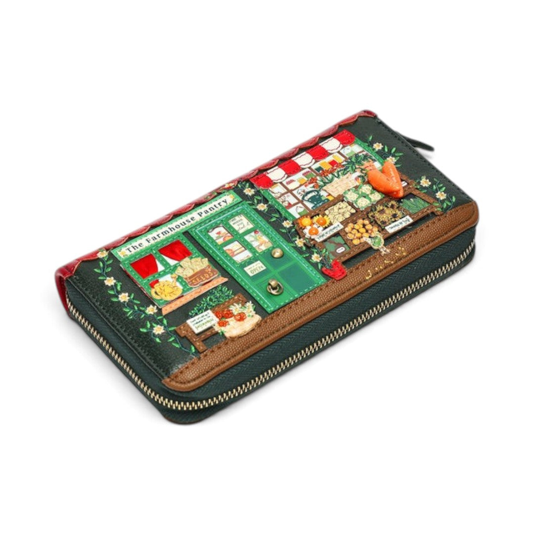 The Happy Shoe Shop Vendula London Farmhouse Pantry vegan leather ziparound wallet with detailed shop front design.