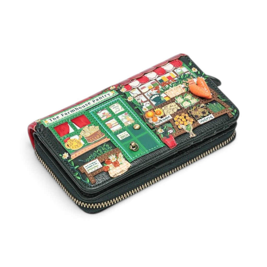 The Happy Shoe Shop Vendula London farmhouse pantry ziparound wallet in embossed vegan leather with colorful artwork.