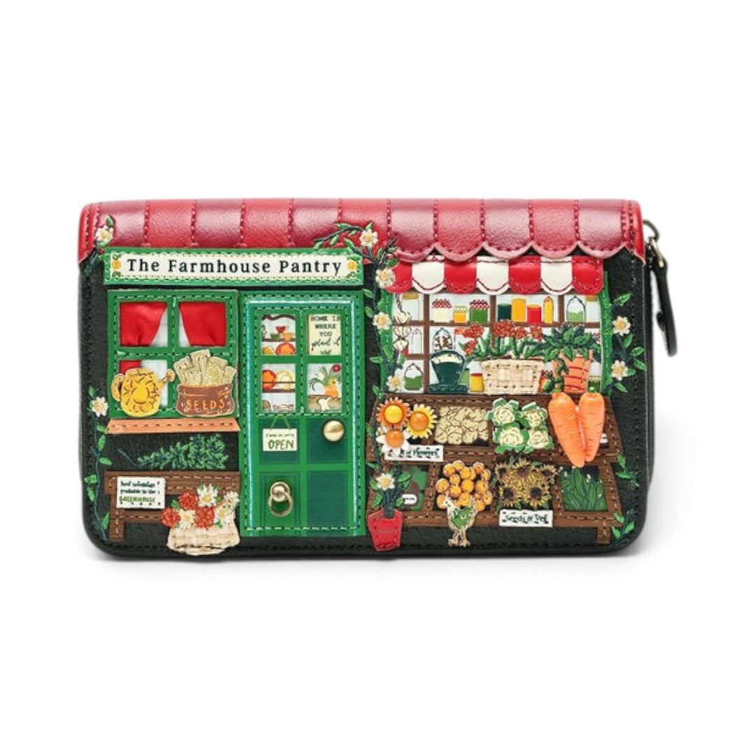 The Happy Shoe Shop Vendula London farmhouse pantry ziparound wallet in vegan leather with detailed market artwork.