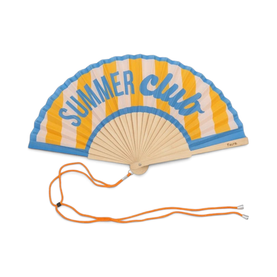 The Happy Shoe Shop Fisura hand fan with blue and yellow stripes and Summer Club text on bamboo frame with orange cord