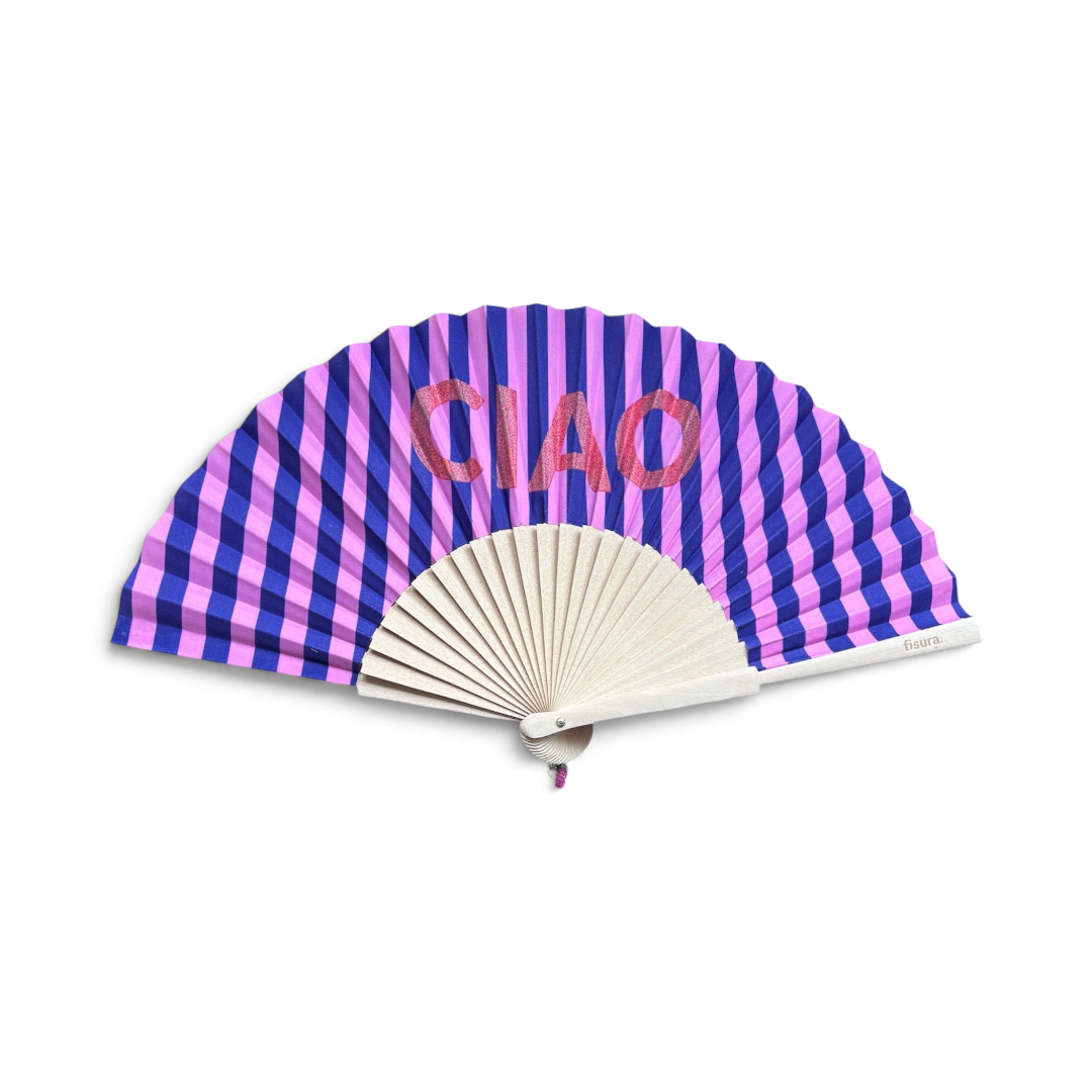 The Happy Shoe Shop Fisura hand fan featuring purple and pink stripes with the word CIAO in glittery pink text