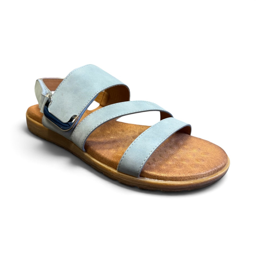 The Happy Shoe Shop Soultbush Flinders sandals in light blue with a plush bubble footbed and adjustable straps.