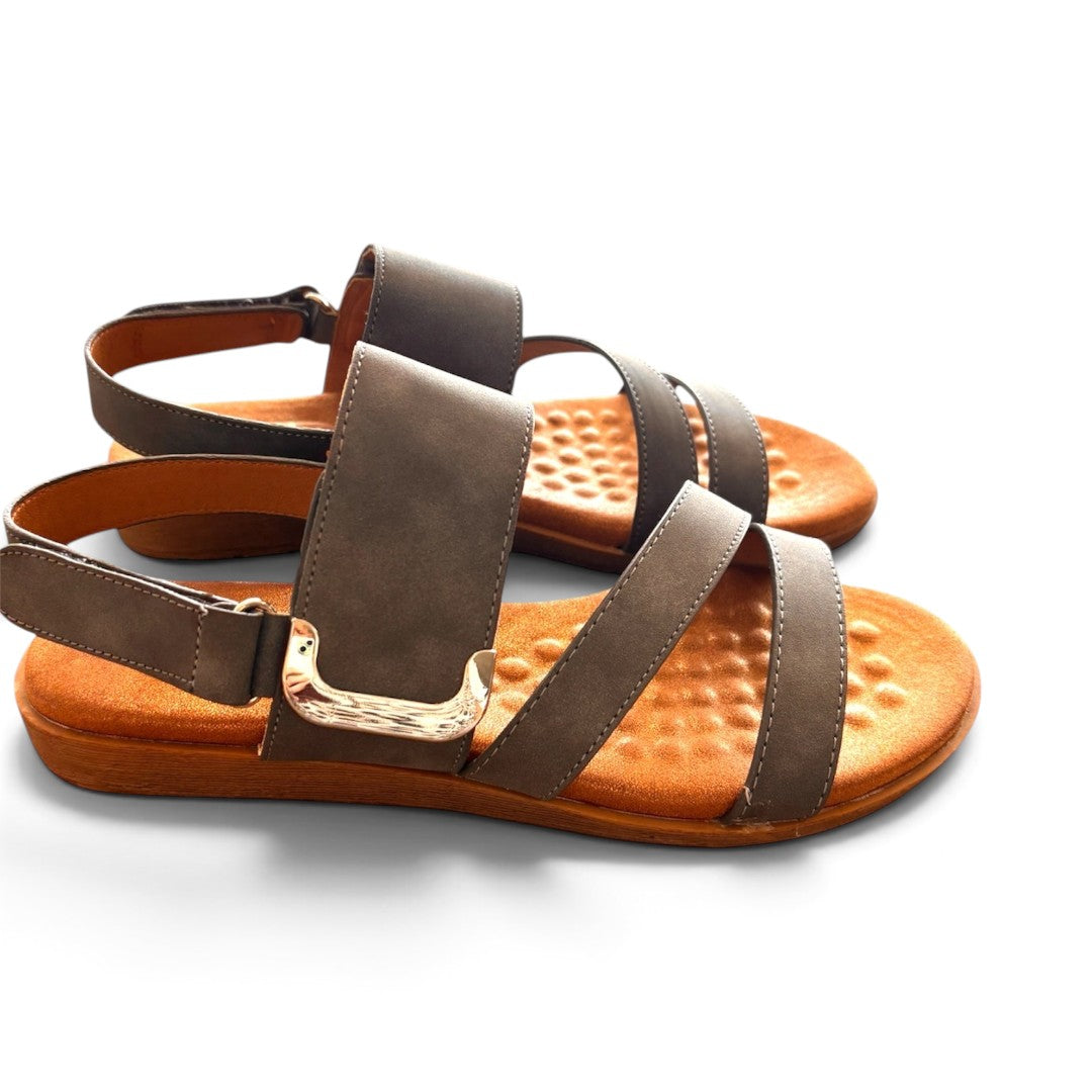 The Happy Shoe Shop Soultbush Flinders sandals in dark grey with metallic buckle and plush bubble footbed