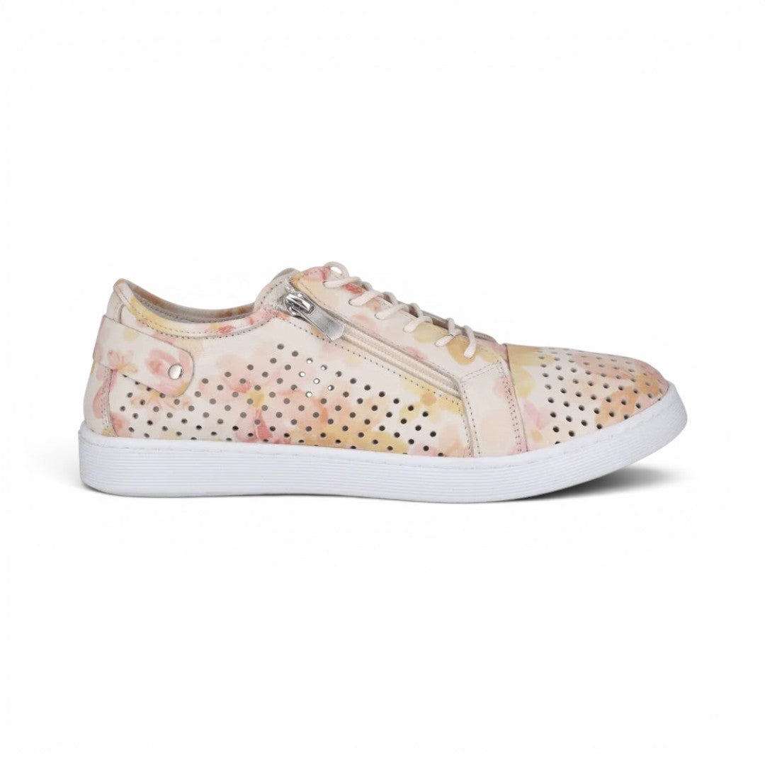 The Happy Shoe Shop Cabello EG17P perforated floral leather sneaker with side zip and white sole