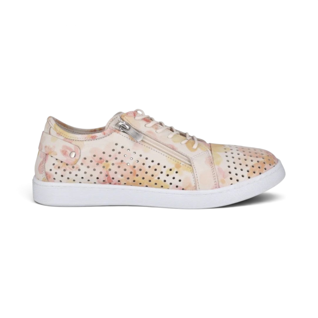 The Happy Shoe Shop Cabello EG17P perforated floral leather sneaker with side zip and white sole