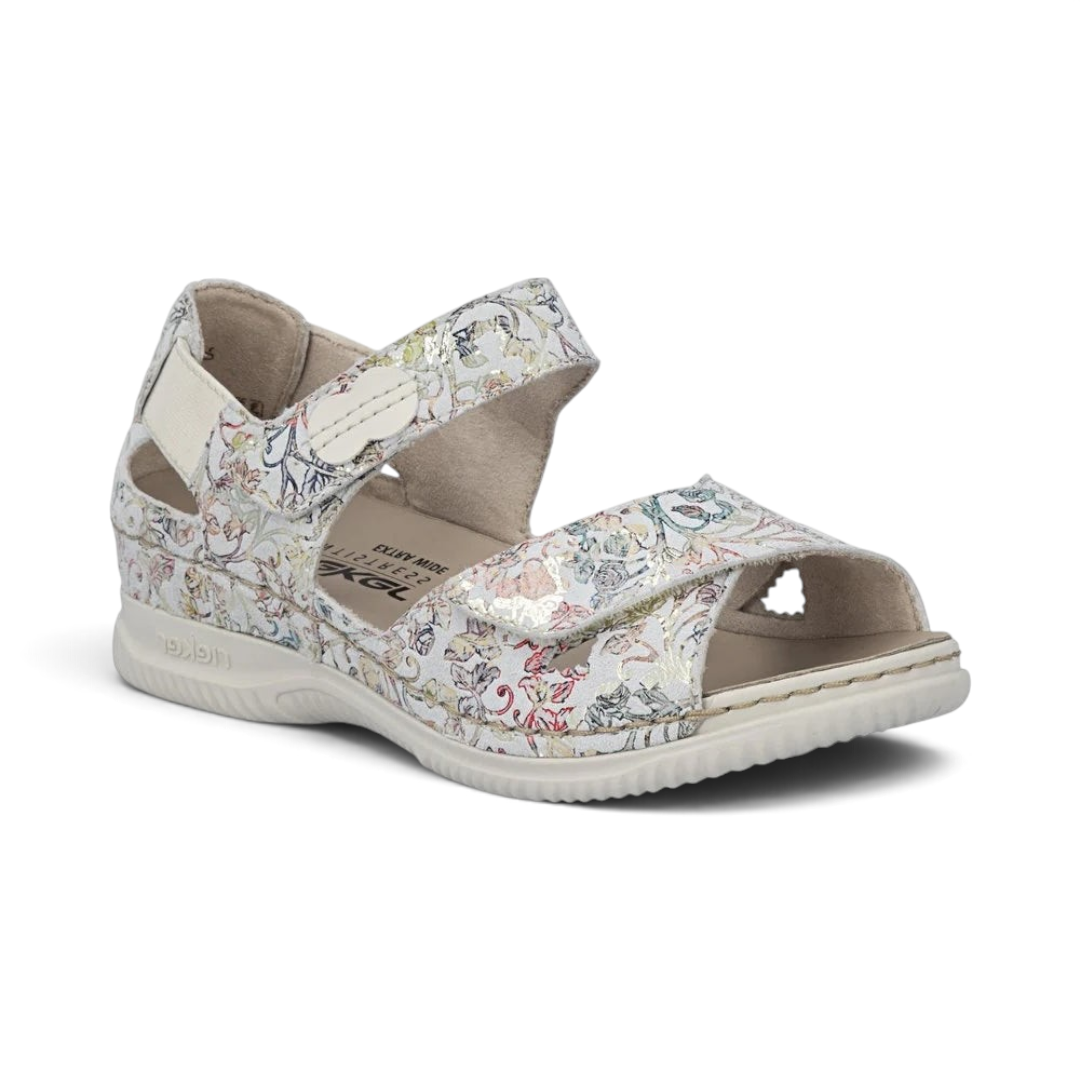 The Happy Shoe Shop Rieker V7474 multicolour floral suede closed-heel sandal with hook and loop strap