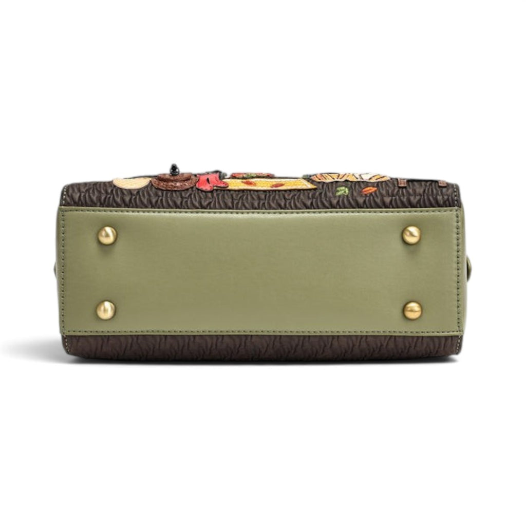 The Happy Shoe Shop Vendula London Flower Shop bowler bag base featuring olive green vegan leather and gold feet.