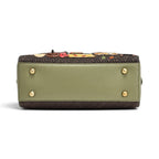 The Happy Shoe Shop Vendula London Flower Shop bowler bag base featuring olive green vegan leather and gold feet.