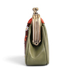 The Happy Shoe Shop Vendula London flower shop coin purse in amber and olive green vegan leather with a brass clasp.
