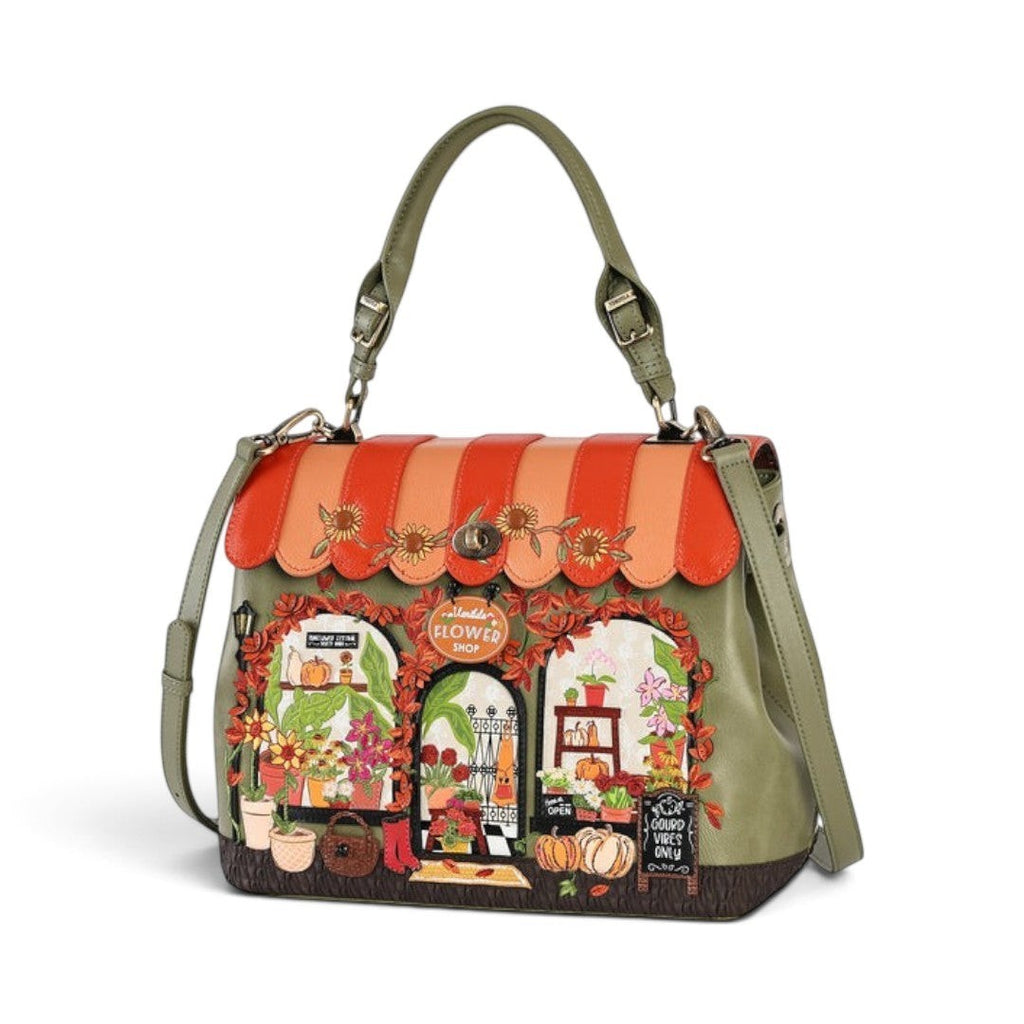 The Happy Shoe Shop Vendula London Flower Shop Grace Bag in amber vegan leather with autumn floral shop design.