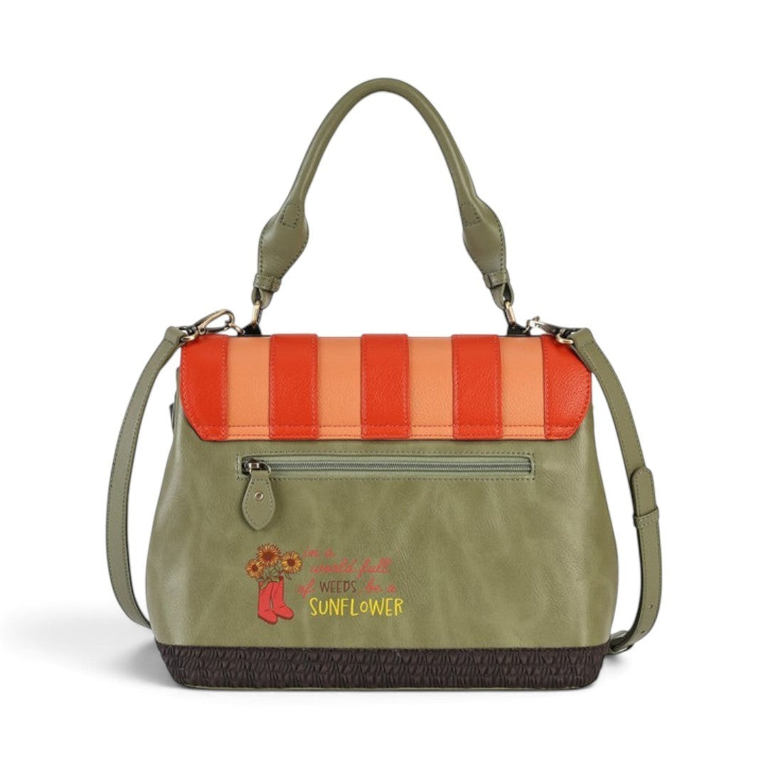 The Happy Shoe Shop Vendula London Flower Shop Grace Bag in olive green with orange stripes and sunflower embroidery.