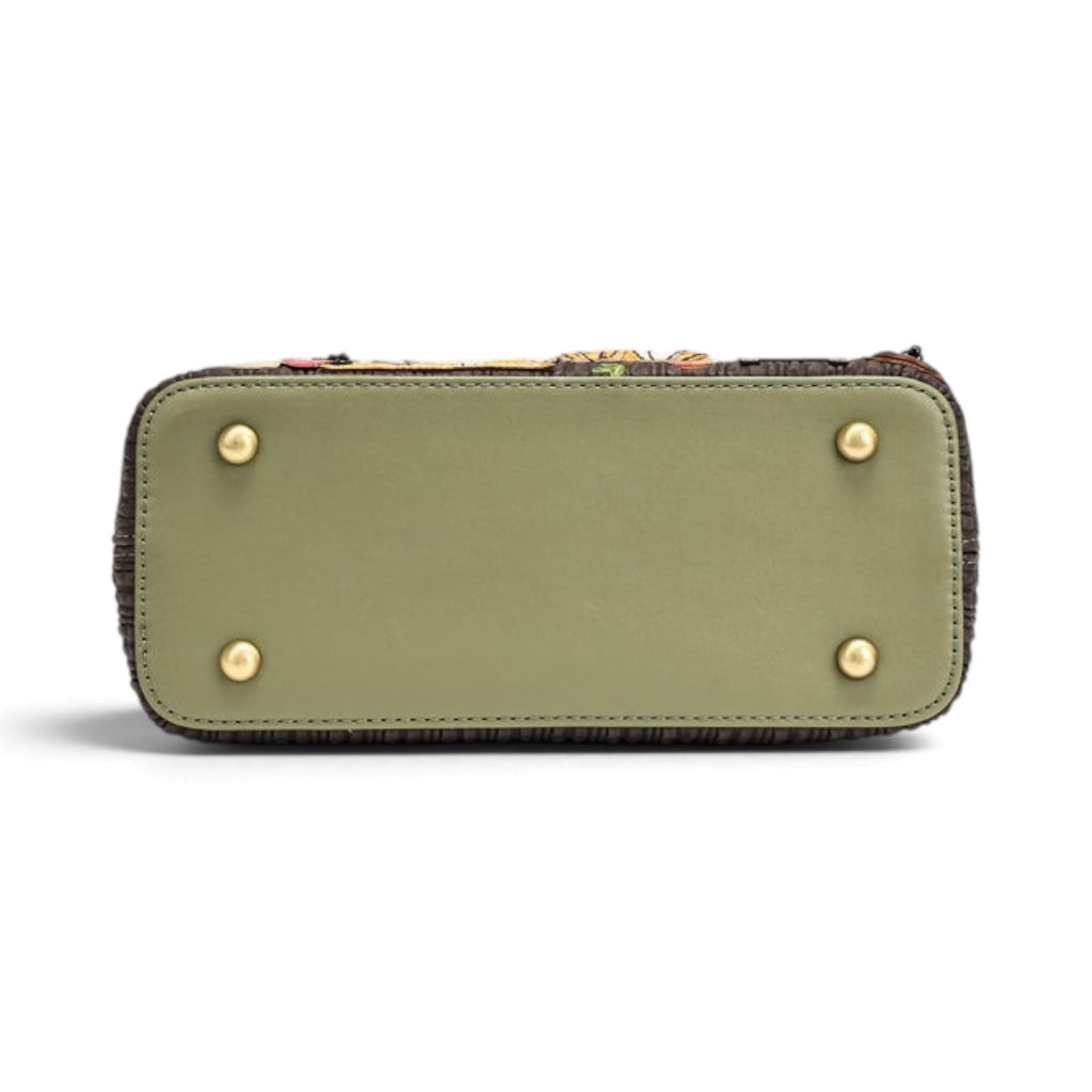 The Happy Shoe Shop Vendula London Flower Shop Mini Grace Bag base view showing olive green vegan leather and feet.