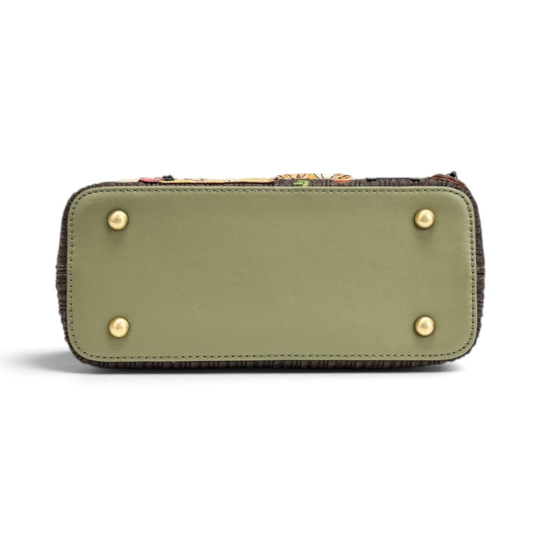 The Happy Shoe Shop Vendula London Flower Shop Mini Grace Bag base view showing olive green vegan leather and feet.