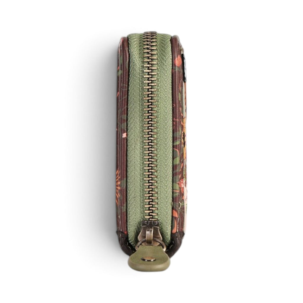 The Happy Shoe Shop Vendula London flower shop square wallet in amber, showing the side view with green zip closure.
