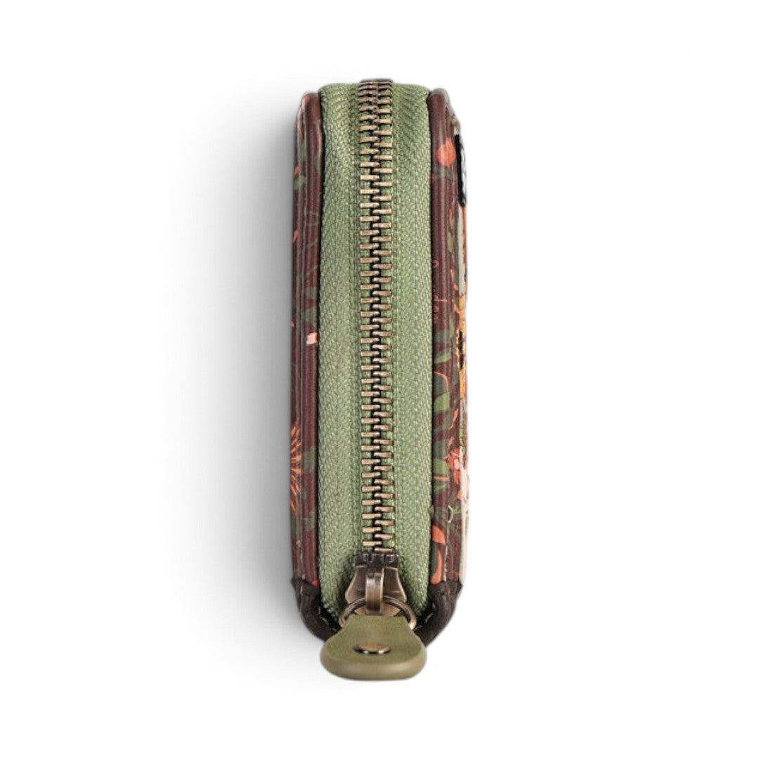 The Happy Shoe Shop Vendula London flower shop square wallet in amber, showing the side view with green zip closure.