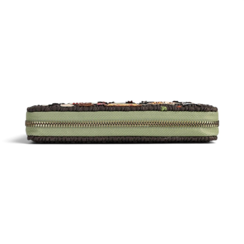 The Happy Shoe Shop Vendula London Flower Shop wallet side view showing the green zip closure and textured details.