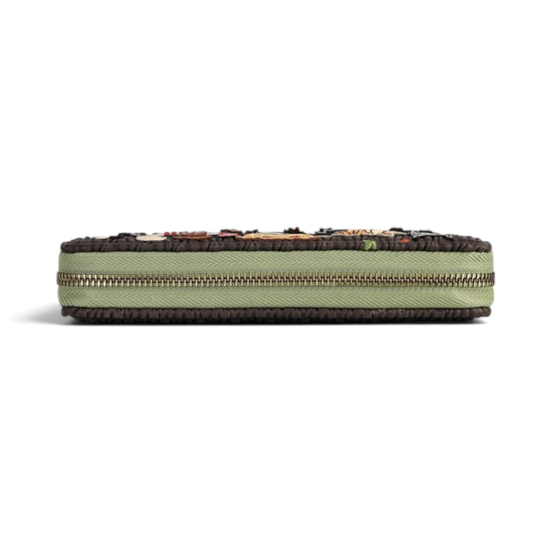 The Happy Shoe Shop Vendula London Flower Shop wallet side view showing the green zip closure and textured details.