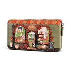 The Happy Shoe Shop Vendula London Flower Shop ziparound wallet in green vegan leather with amber floral autumn motifs.