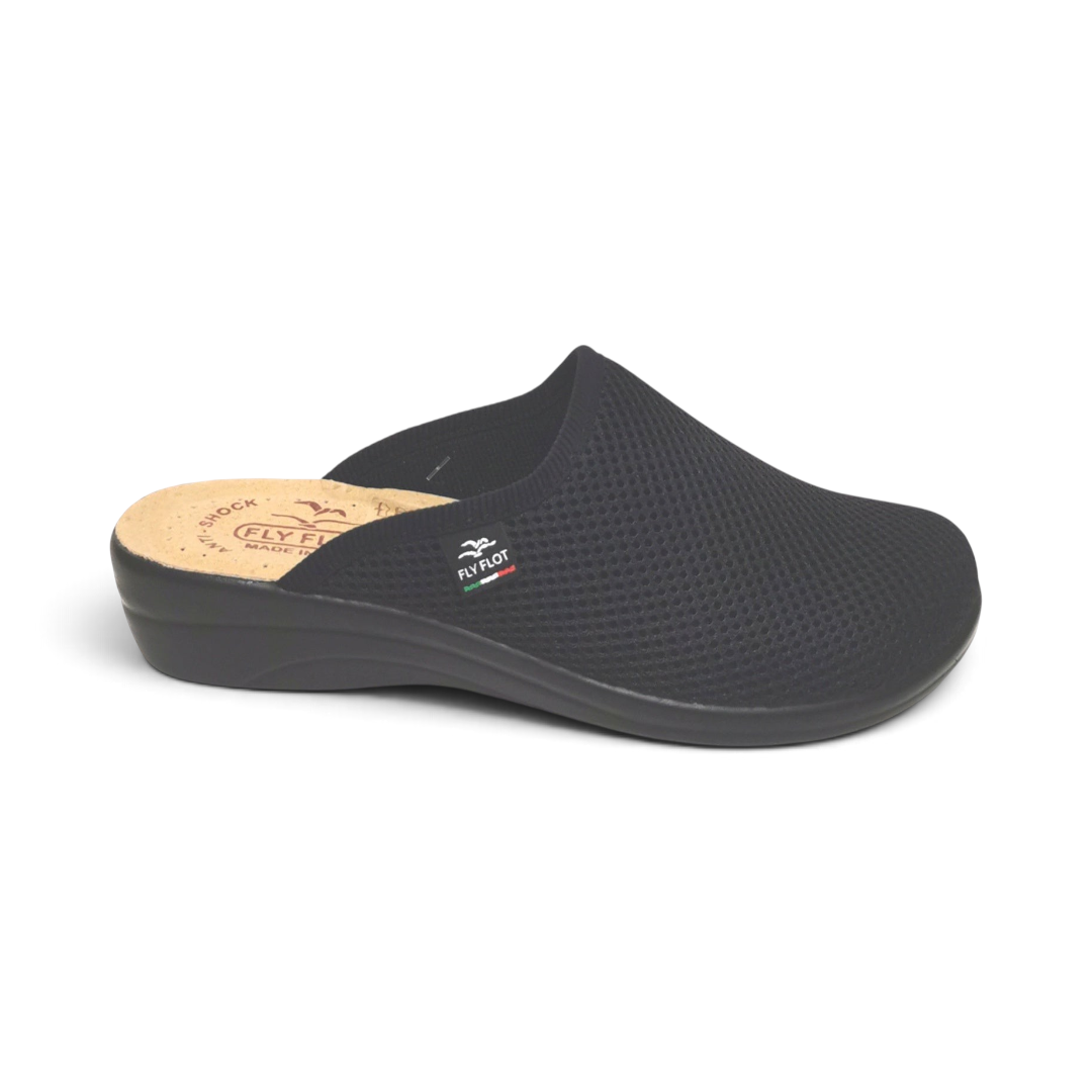 The Happy Shoe Shop Fly Flot black stretch mesh clog with anti-shock leather insole and low wedge sole