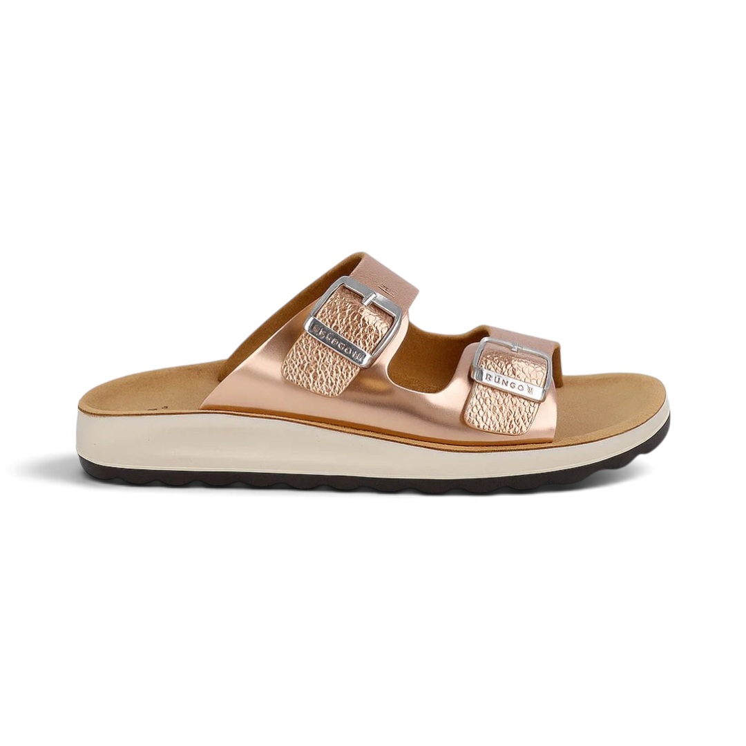 The Happy Shoe Shop Fly Flot metallic rose gold leather slide sandals with adjustable buckle straps and comfort sole