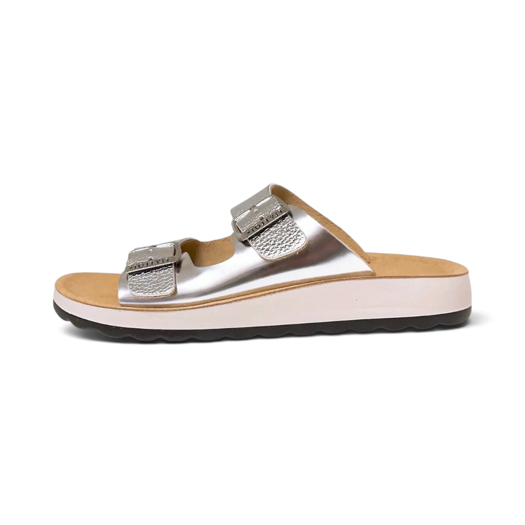 The Happy Shoe Shop Fly Flot silver leather slide sandals with adjustable buckle straps and anatomical footbed