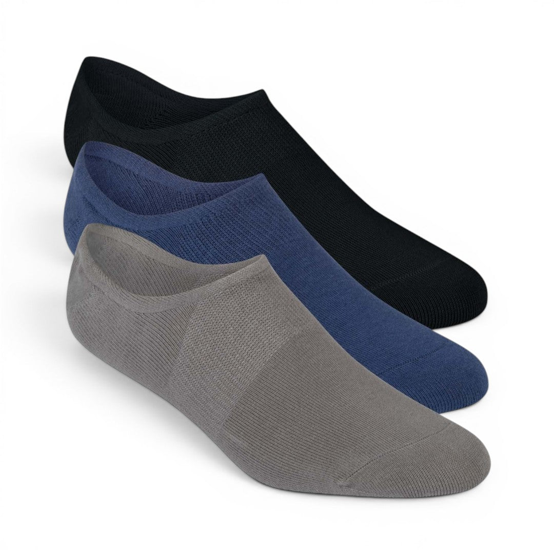 The Happy Shoe Shop Pussyfoot Footlet Socks 3 Pack in grey, blue, and black. Bamboo blend, low-cut, breathable, anti-bacterial, with gel heel grip.