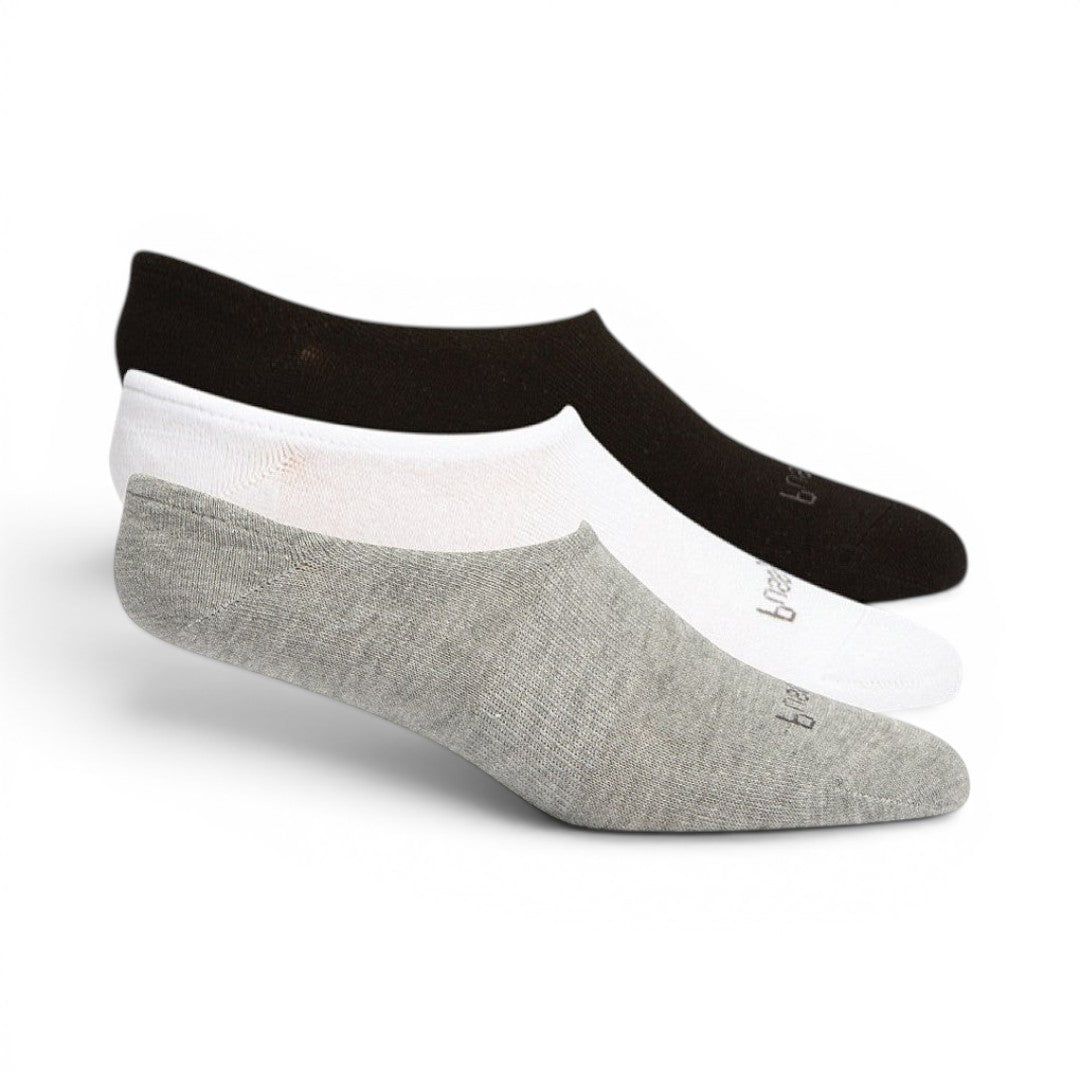 The Happy Shoe Shop 3 pack of low-cut footlet socks in grey, white, and black bamboo blend with arch support and gel heel grip.