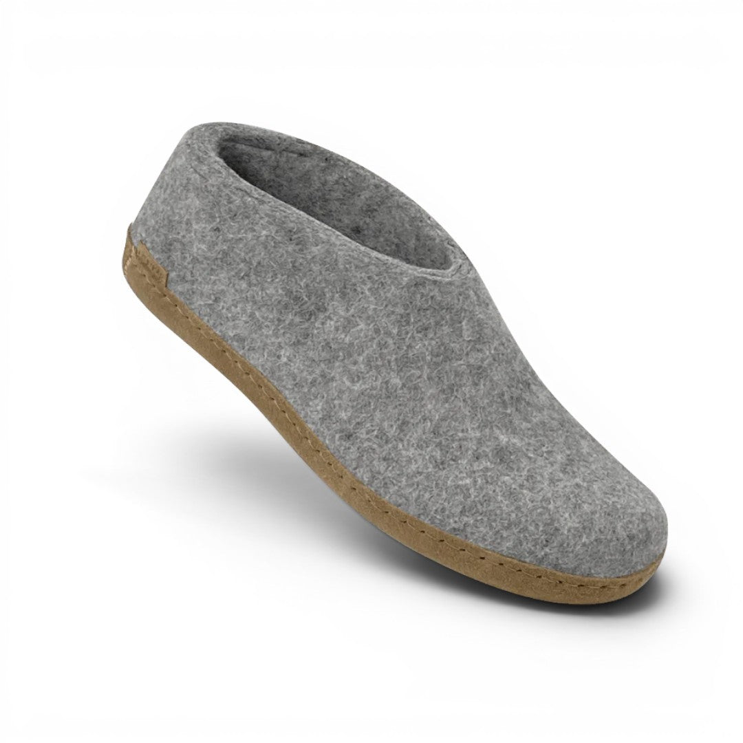 The Happy Shoe Shop Glerups The Shoe grey wool slipper with natural leather sole, slip-on design.