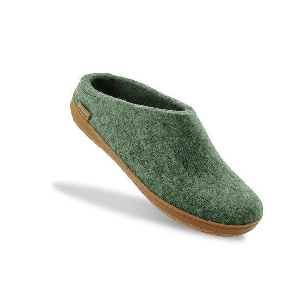 The Happy Shoe Shop Glerups The Slip-On green wool felt slippers with honey rubber sole.