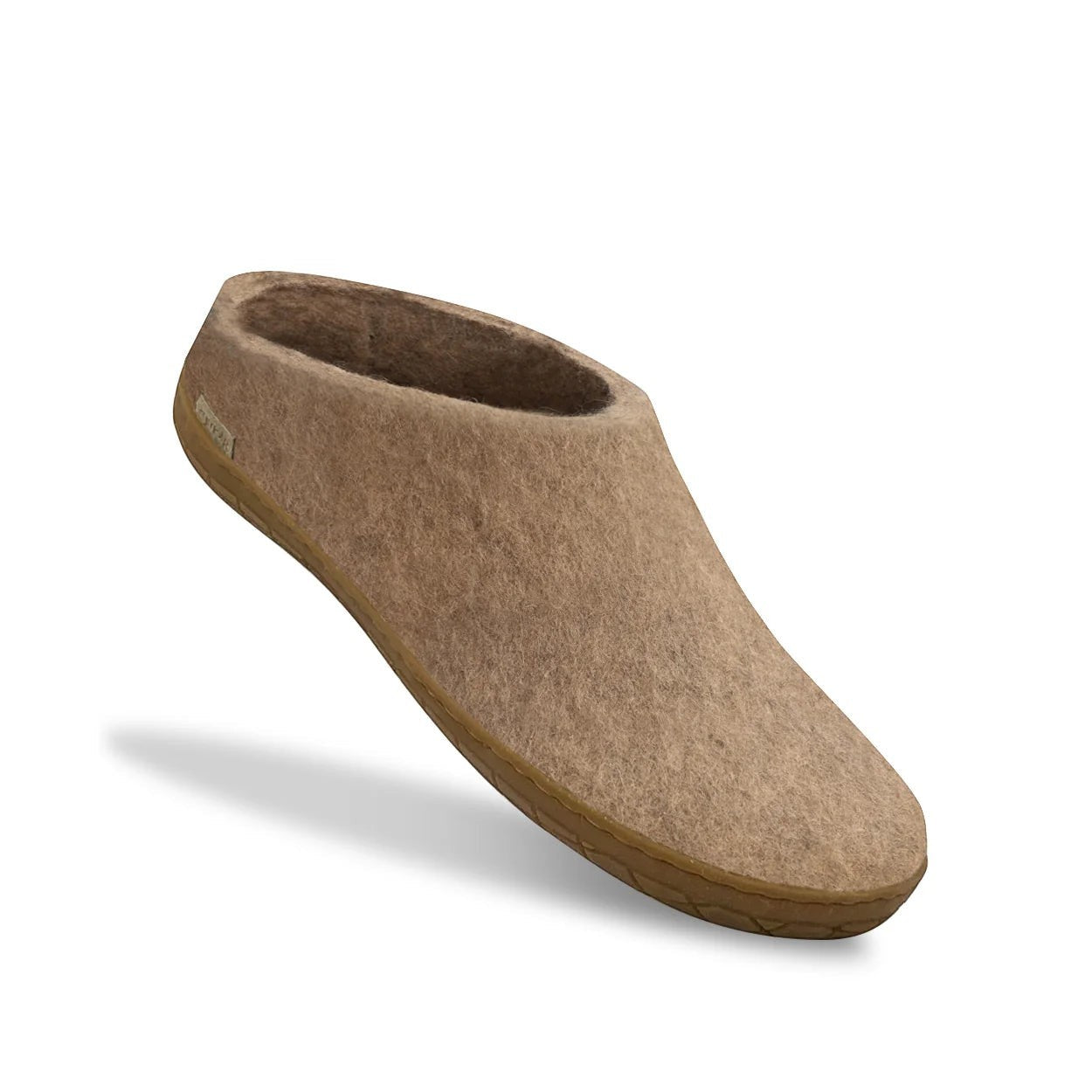 The Happy Shoe Shop Glerups slip-on slipper in taupe felt with a natural rubber sole. Warm and comfortable.