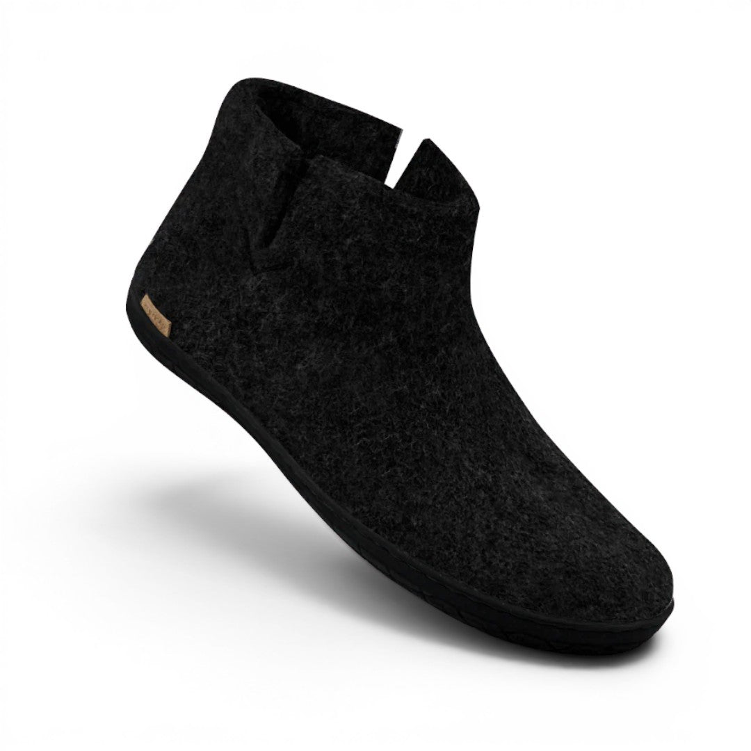 The Happy Shoe Shop Glerups The Boot, black 100% natural wool felt boot with rubber sole, ankle height.
