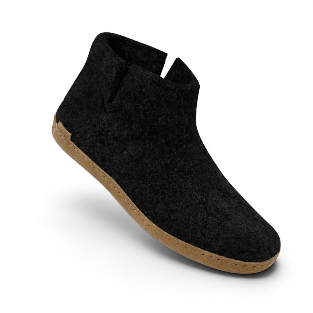 The Happy Shoe Shop Glerups The Boot, black 100% natural wool felt boot with leather sole, ankle height.