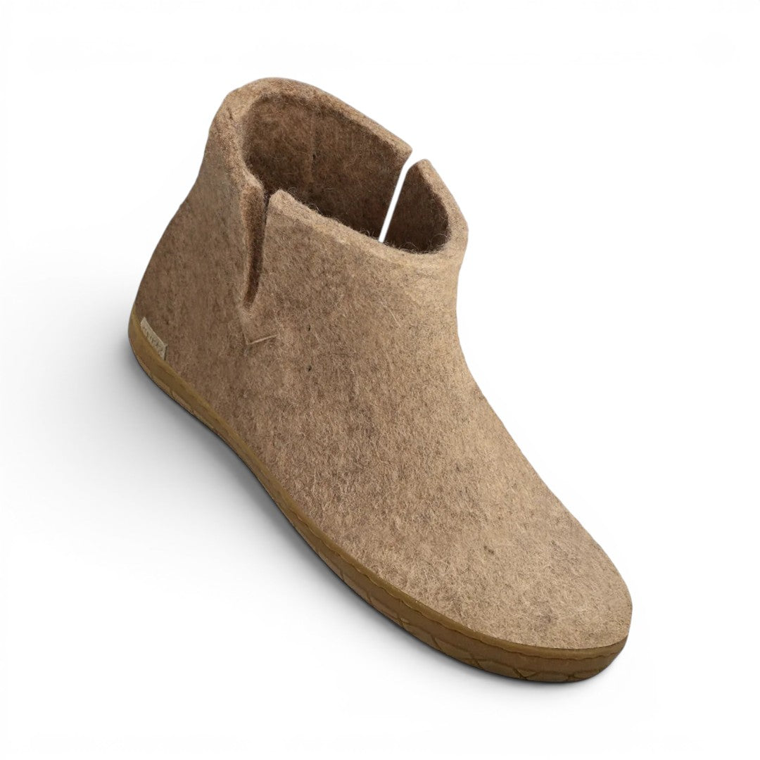 The Happy Shoe Shop Glerups The Boot, natural wool felt ankle boot in taupe with rubber sole, indoor/outdoor wear.