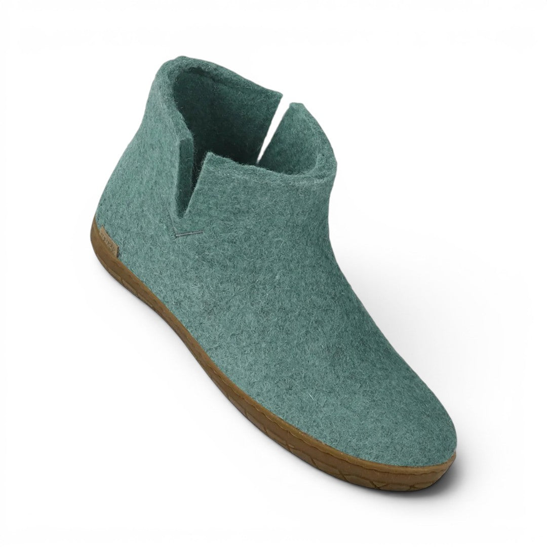 The Happy Shoe Shop Glerups The Boot, teal felt slip-on ankle boot with natural rubber sole and V-shaped opening.
