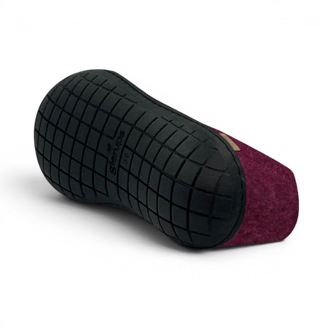 The Happy Shoe Shop Glerups The Shoe burgundy wool slipper with black rubber sole.