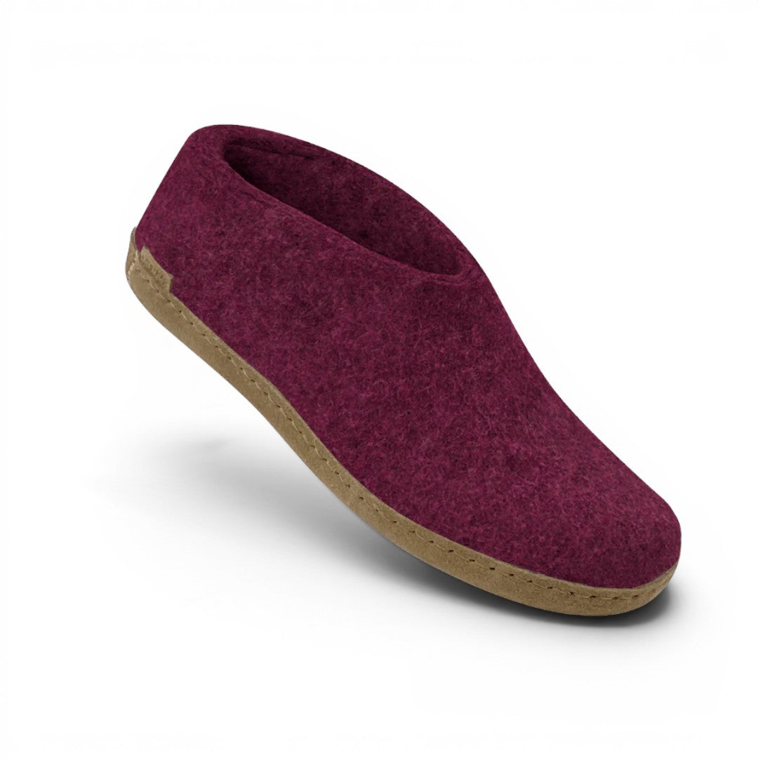 The Happy Shoe Shop Glerups The Shoe burgundy wool slipper with a natural leather sole.