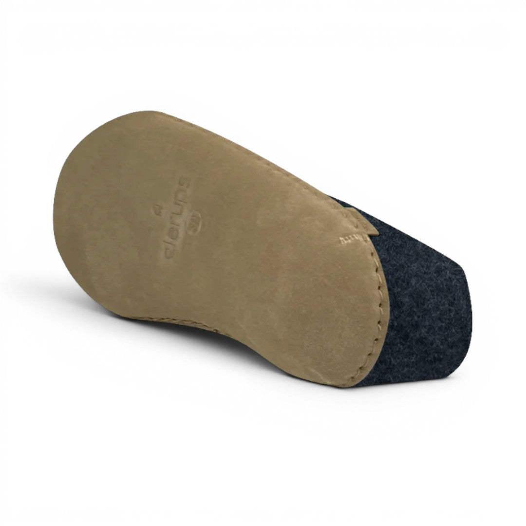 The Happy Shoe Shop Glerups The Shoe dark blue wool slipper with a tan leather sole.